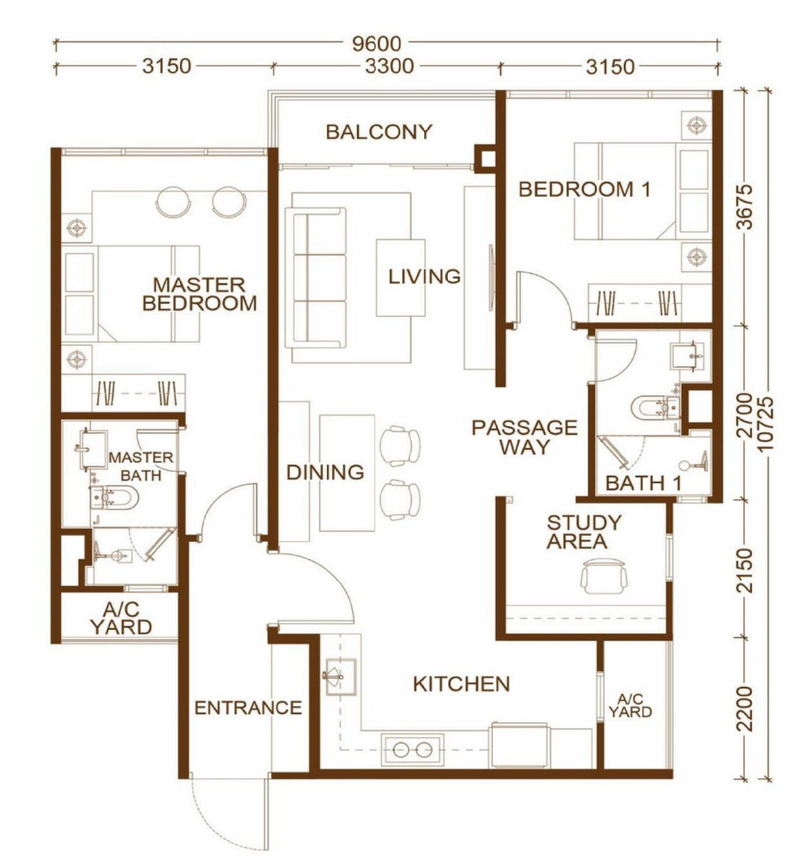 Queens Residences 3 Type A floor plan, 950 sq.ft