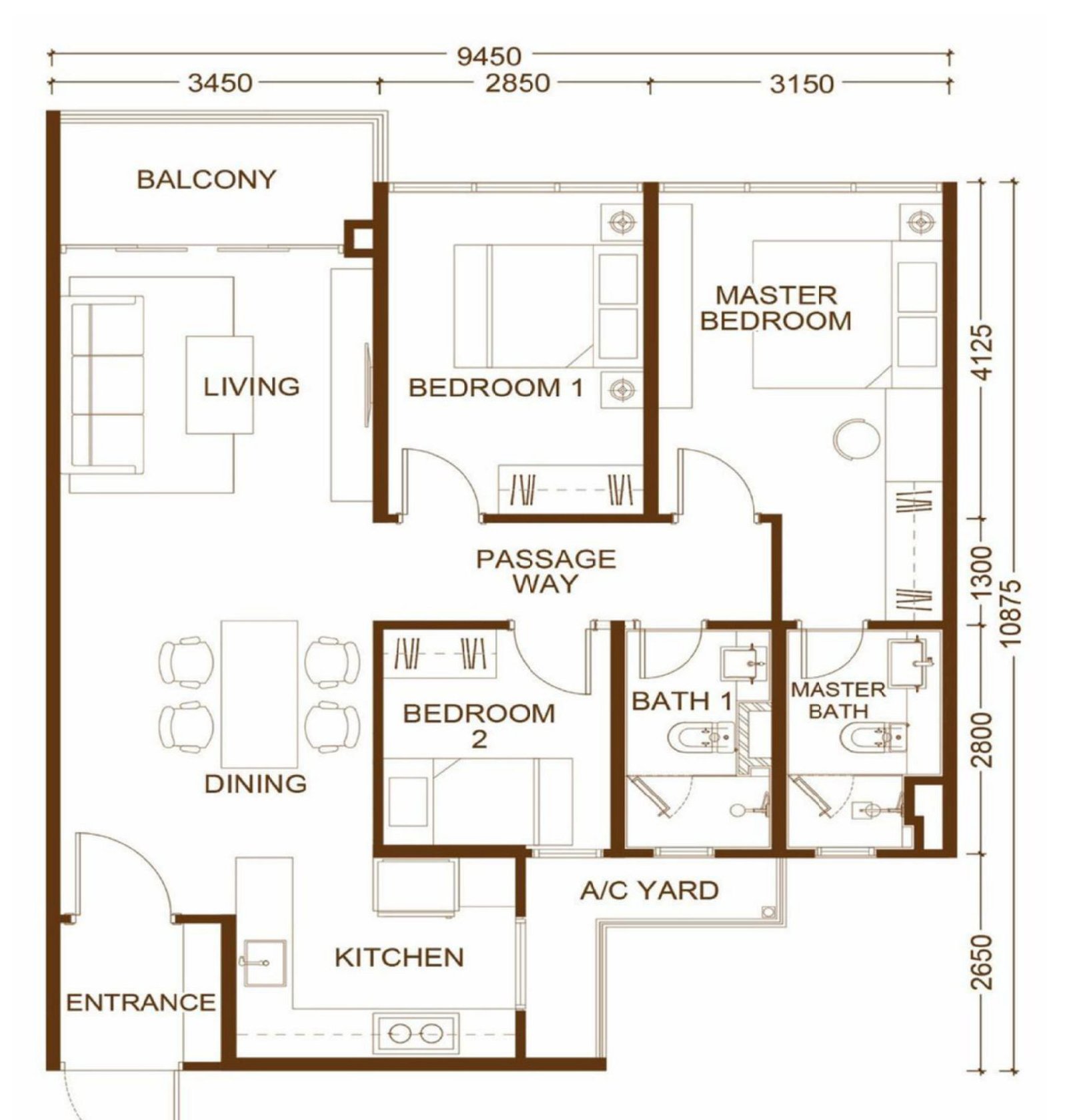 Queens Residences 3 Type B floor plan, 1,000 sq.ft