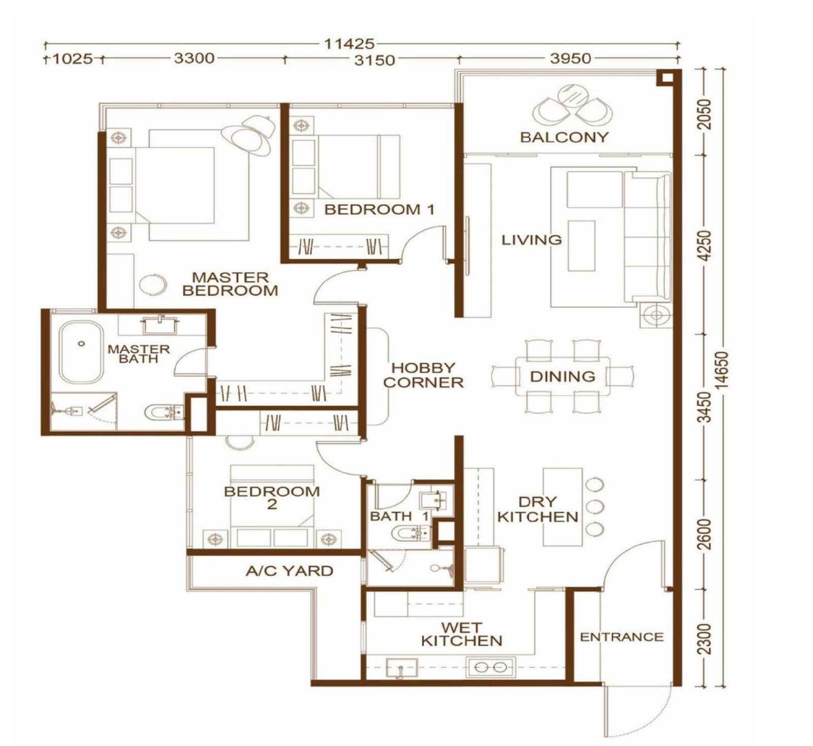 Queens Residences 3 Type D floor plan, 1,400 sq.ft